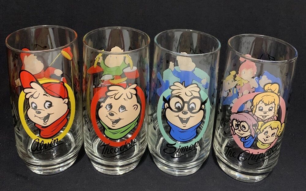 Vintage 1985 Alvin Simon Theodore The Chipmunks The Chipettes Glass Tumbler Set